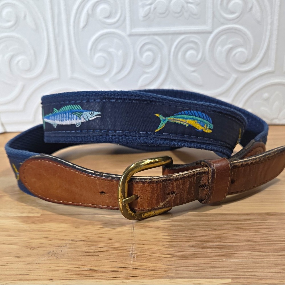 ZEP-PRO Men's Navy/Brown Fish Embroidered Dress Belt Brass Buckle 38